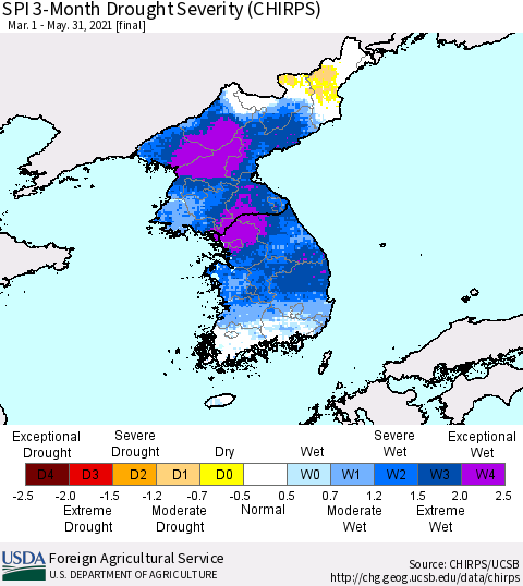 Korea SPI 3-Month Drought Severity (CHIRPS) Thematic Map For 3/1/2021 - 5/31/2021