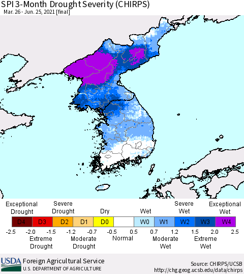 Korea SPI 3-Month Drought Severity (CHIRPS) Thematic Map For 3/26/2021 - 6/25/2021