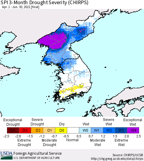 Korea SPI 3-Month Drought Severity (CHIRPS) Thematic Map For 4/1/2021 - 6/30/2021