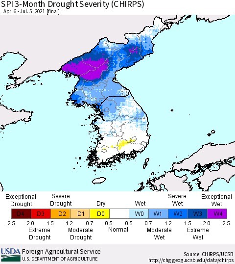 Korea SPI 3-Month Drought Severity (CHIRPS) Thematic Map For 4/6/2021 - 7/5/2021