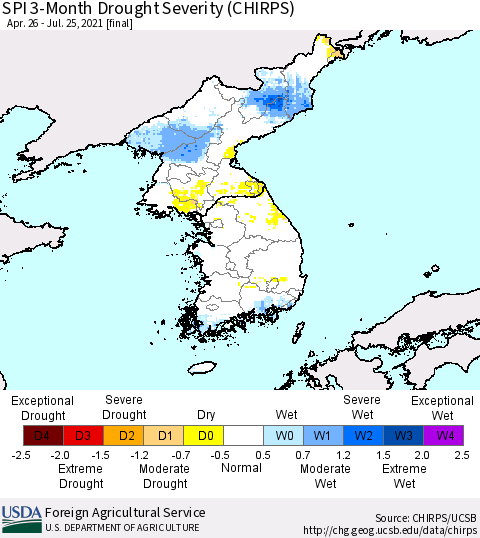 Korea SPI 3-Month Drought Severity (CHIRPS) Thematic Map For 4/26/2021 - 7/25/2021