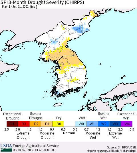 Korea SPI 3-Month Drought Severity (CHIRPS) Thematic Map For 5/1/2021 - 7/31/2021