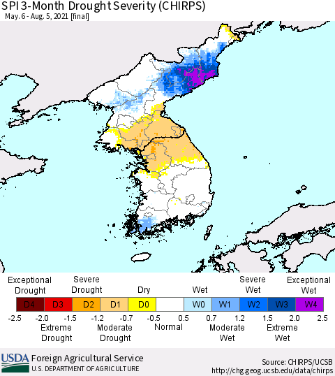 Korea SPI 3-Month Drought Severity (CHIRPS) Thematic Map For 5/6/2021 - 8/5/2021