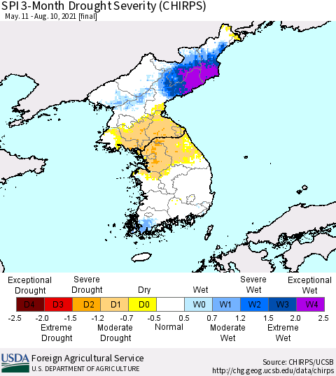 Korea SPI 3-Month Drought Severity (CHIRPS) Thematic Map For 5/11/2021 - 8/10/2021