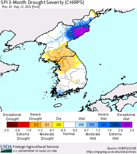 Korea SPI 3-Month Drought Severity (CHIRPS) Thematic Map For 5/16/2021 - 8/15/2021