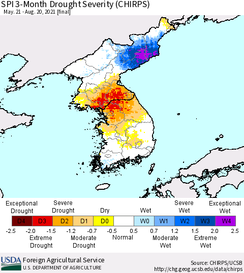 Korea SPI 3-Month Drought Severity (CHIRPS) Thematic Map For 5/21/2021 - 8/20/2021