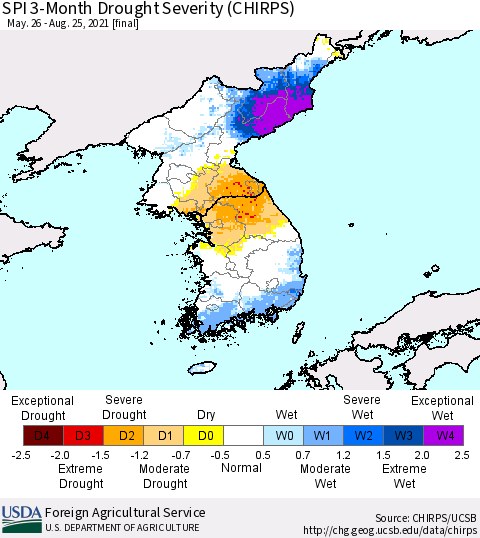 Korea SPI 3-Month Drought Severity (CHIRPS) Thematic Map For 5/26/2021 - 8/25/2021