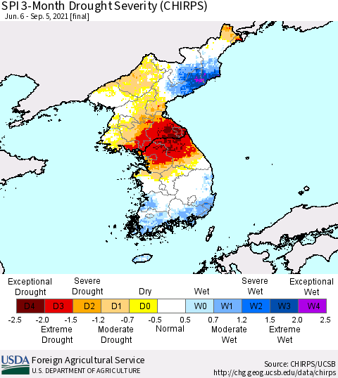 Korea SPI 3-Month Drought Severity (CHIRPS) Thematic Map For 6/6/2021 - 9/5/2021