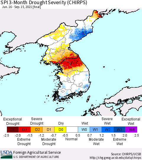 Korea SPI 3-Month Drought Severity (CHIRPS) Thematic Map For 6/16/2021 - 9/15/2021