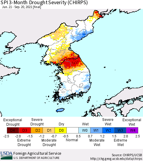 Korea SPI 3-Month Drought Severity (CHIRPS) Thematic Map For 6/21/2021 - 9/20/2021