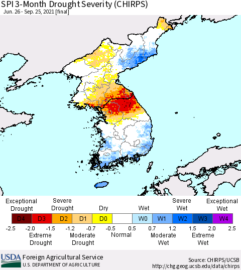 Korea SPI 3-Month Drought Severity (CHIRPS) Thematic Map For 6/26/2021 - 9/25/2021