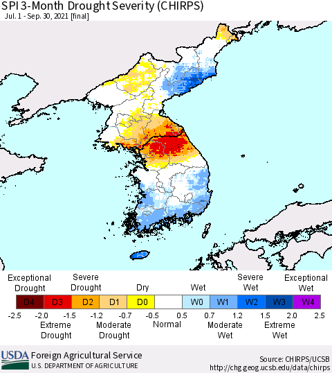 Korea SPI 3-Month Drought Severity (CHIRPS) Thematic Map For 7/1/2021 - 9/30/2021