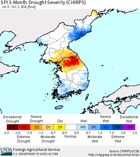 Korea SPI 3-Month Drought Severity (CHIRPS) Thematic Map For 7/6/2021 - 10/5/2021