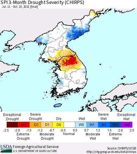 Korea SPI 3-Month Drought Severity (CHIRPS) Thematic Map For 7/11/2021 - 10/10/2021