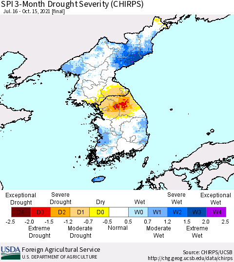 Korea SPI 3-Month Drought Severity (CHIRPS) Thematic Map For 7/16/2021 - 10/15/2021