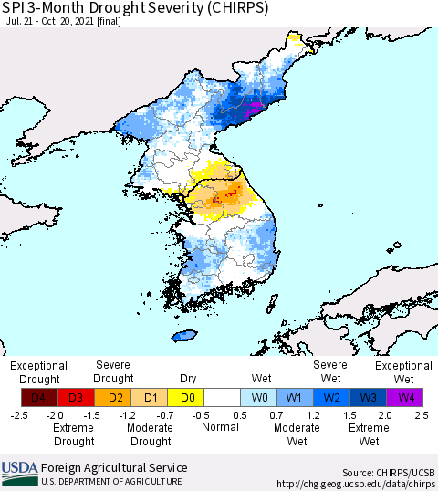 Korea SPI 3-Month Drought Severity (CHIRPS) Thematic Map For 7/21/2021 - 10/20/2021
