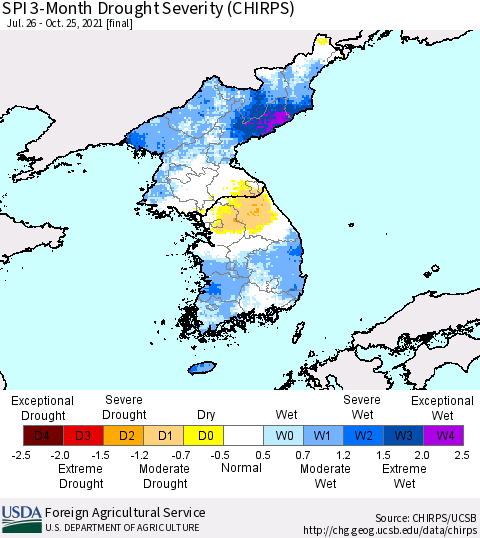 Korea SPI 3-Month Drought Severity (CHIRPS) Thematic Map For 7/26/2021 - 10/25/2021