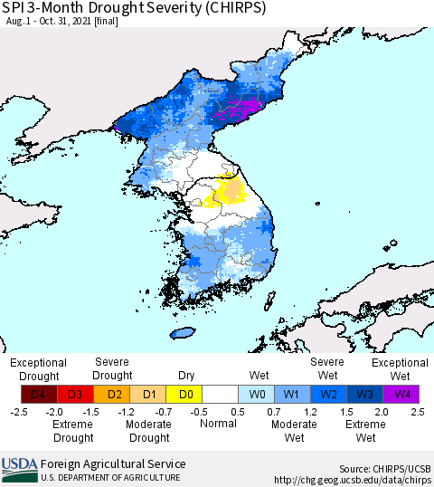 Korea SPI 3-Month Drought Severity (CHIRPS) Thematic Map For 8/1/2021 - 10/31/2021