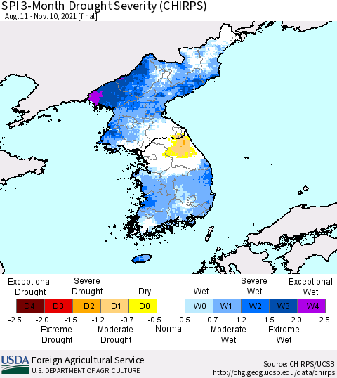 Korea SPI 3-Month Drought Severity (CHIRPS) Thematic Map For 8/11/2021 - 11/10/2021