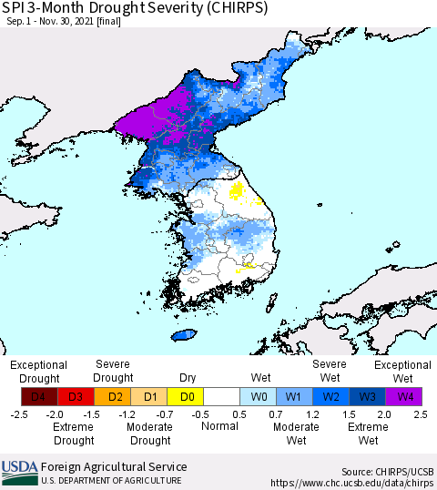 Korea SPI 3-Month Drought Severity (CHIRPS) Thematic Map For 9/1/2021 - 11/30/2021