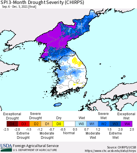 Korea SPI 3-Month Drought Severity (CHIRPS) Thematic Map For 9/6/2021 - 12/5/2021