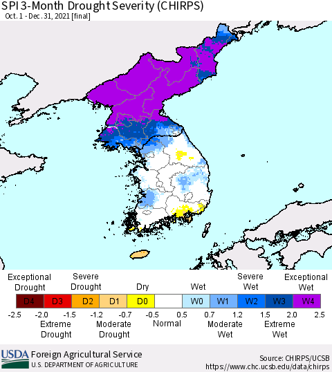 Korea SPI 3-Month Drought Severity (CHIRPS) Thematic Map For 10/1/2021 - 12/31/2021