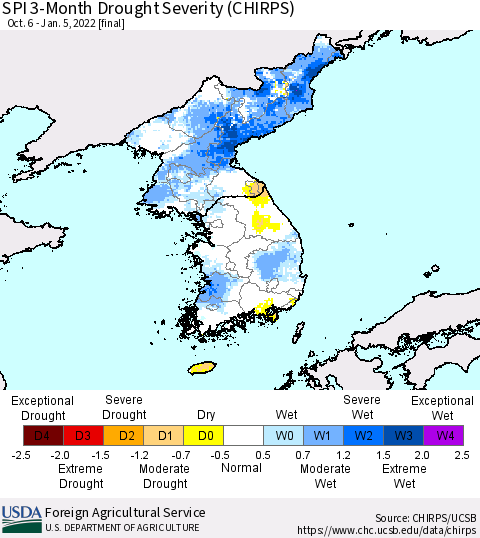 Korea SPI 3-Month Drought Severity (CHIRPS) Thematic Map For 10/6/2021 - 1/5/2022