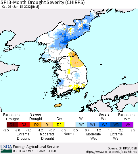 Korea SPI 3-Month Drought Severity (CHIRPS) Thematic Map For 10/16/2021 - 1/15/2022