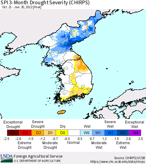 Korea SPI 3-Month Drought Severity (CHIRPS) Thematic Map For 10/21/2021 - 1/20/2022