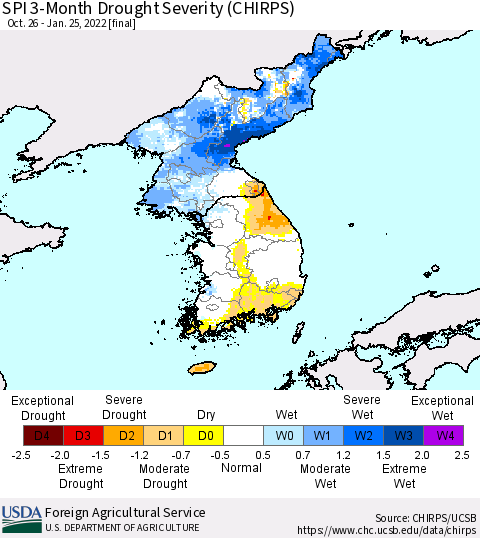 Korea SPI 3-Month Drought Severity (CHIRPS) Thematic Map For 10/26/2021 - 1/25/2022
