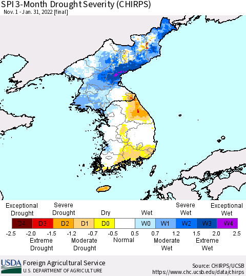 Korea SPI 3-Month Drought Severity (CHIRPS) Thematic Map For 11/1/2021 - 1/31/2022
