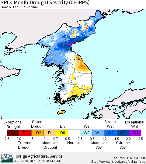 Korea SPI 3-Month Drought Severity (CHIRPS) Thematic Map For 11/6/2021 - 2/5/2022