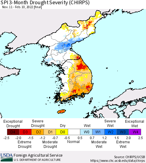 Korea SPI 3-Month Drought Severity (CHIRPS) Thematic Map For 11/11/2021 - 2/10/2022
