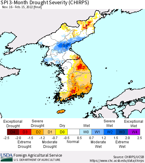 Korea SPI 3-Month Drought Severity (CHIRPS) Thematic Map For 11/16/2021 - 2/15/2022