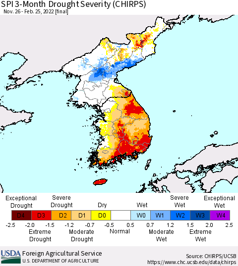 Korea SPI 3-Month Drought Severity (CHIRPS) Thematic Map For 11/26/2021 - 2/25/2022