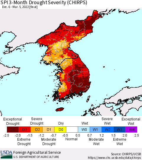 Korea SPI 3-Month Drought Severity (CHIRPS) Thematic Map For 12/6/2021 - 3/5/2022