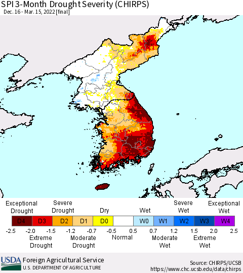 Korea SPI 3-Month Drought Severity (CHIRPS) Thematic Map For 12/16/2021 - 3/15/2022