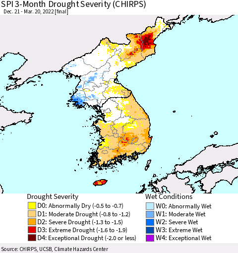 Korea SPI 3-Month Drought Severity (CHIRPS) Thematic Map For 12/21/2021 - 3/20/2022