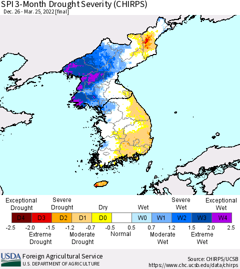 Korea SPI 3-Month Drought Severity (CHIRPS) Thematic Map For 12/26/2021 - 3/25/2022