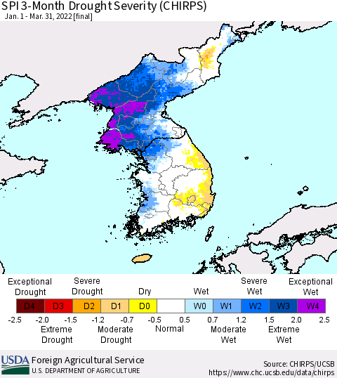 Korea SPI 3-Month Drought Severity (CHIRPS) Thematic Map For 1/1/2022 - 3/31/2022