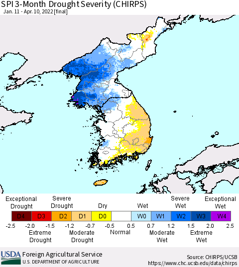 Korea SPI 3-Month Drought Severity (CHIRPS) Thematic Map For 1/11/2022 - 4/10/2022