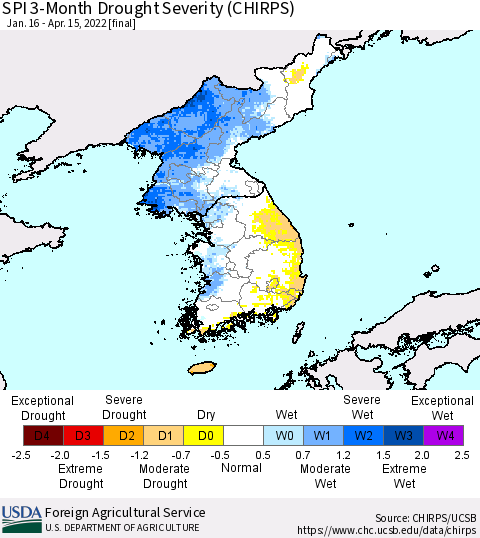 Korea SPI 3-Month Drought Severity (CHIRPS) Thematic Map For 1/16/2022 - 4/15/2022