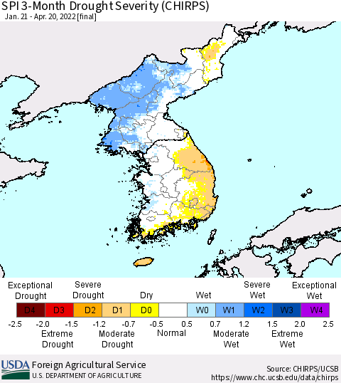 Korea SPI 3-Month Drought Severity (CHIRPS) Thematic Map For 1/21/2022 - 4/20/2022