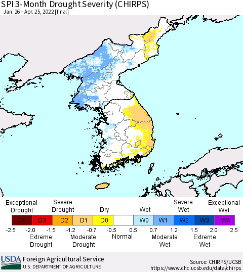 Korea SPI 3-Month Drought Severity (CHIRPS) Thematic Map For 1/26/2022 - 4/25/2022
