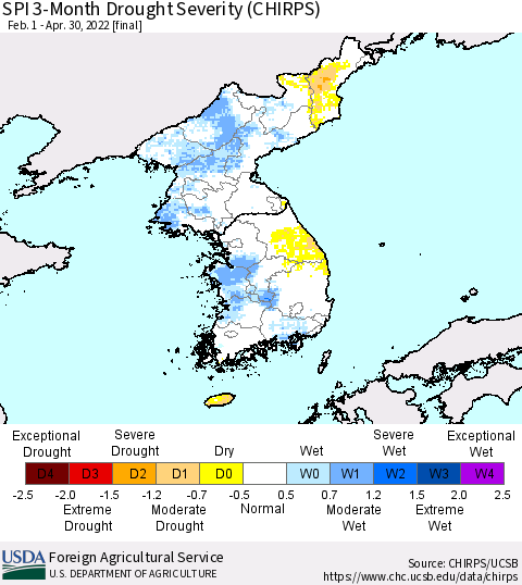 Korea SPI 3-Month Drought Severity (CHIRPS) Thematic Map For 2/1/2022 - 4/30/2022