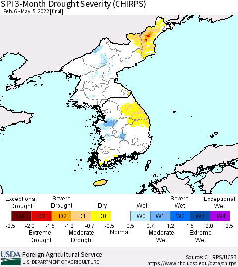 Korea SPI 3-Month Drought Severity (CHIRPS) Thematic Map For 2/6/2022 - 5/5/2022