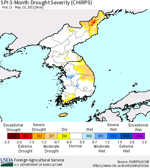 Korea SPI 3-Month Drought Severity (CHIRPS) Thematic Map For 2/11/2022 - 5/10/2022