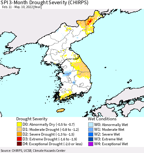 Korea SPI 3-Month Drought Severity (CHIRPS) Thematic Map For 2/11/2022 - 5/10/2022