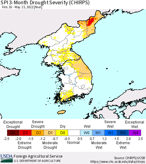 Korea SPI 3-Month Drought Severity (CHIRPS) Thematic Map For 2/16/2022 - 5/15/2022