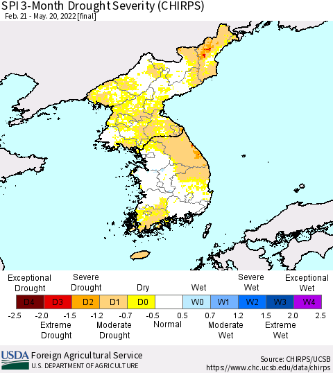 Korea SPI 3-Month Drought Severity (CHIRPS) Thematic Map For 2/21/2022 - 5/20/2022